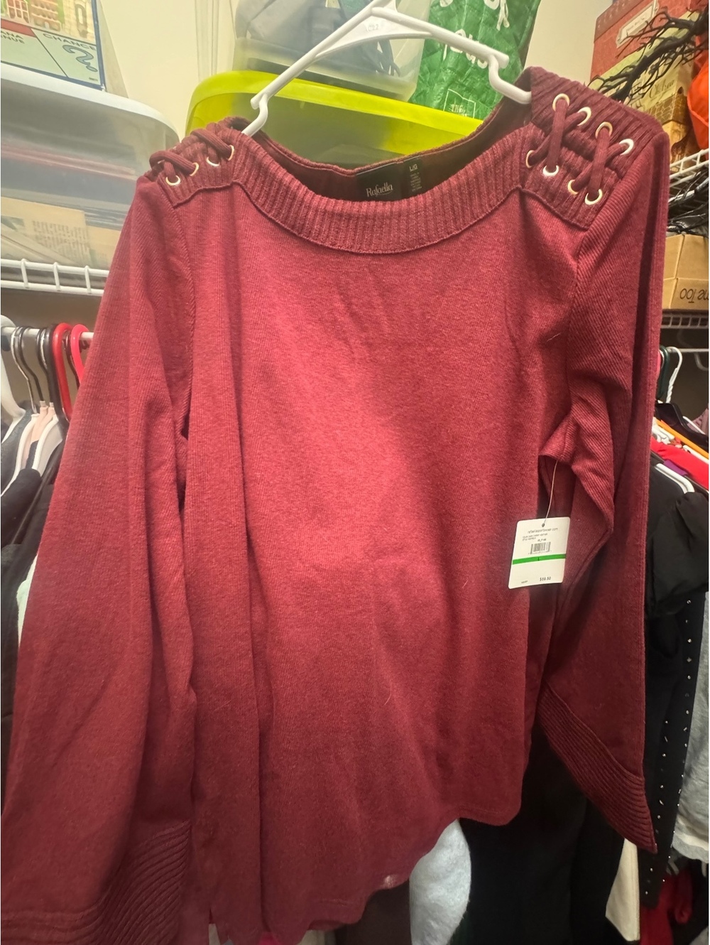 Rafaella Dark Cherry Heather Lace-Up Shoulder Sweater Size L